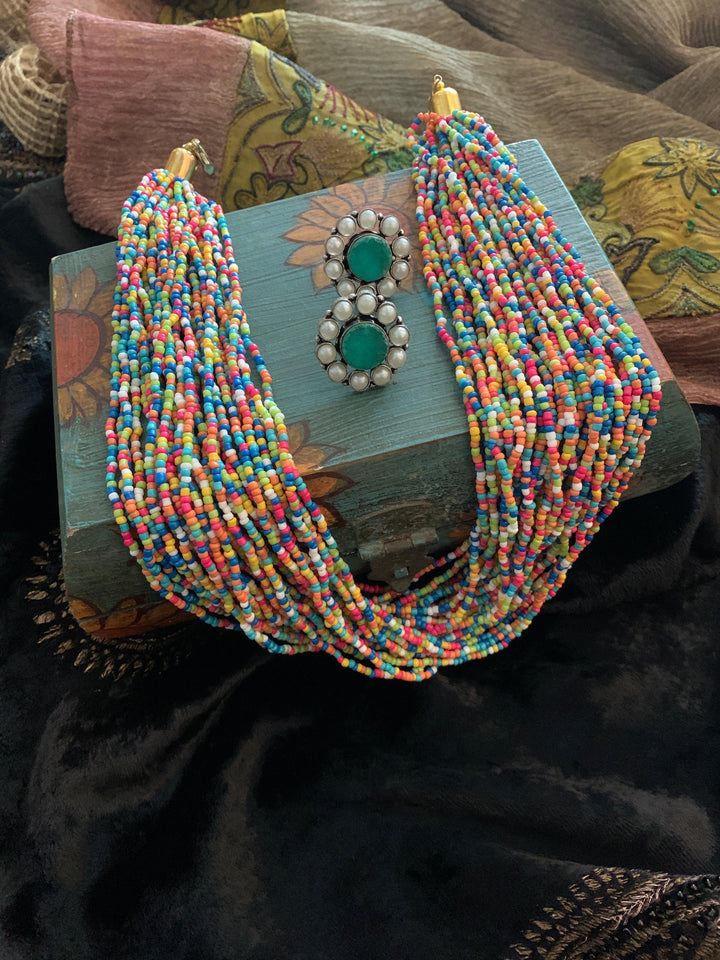 Multicoloured Statement Necklace with Gemstones Studs - SHIVKA