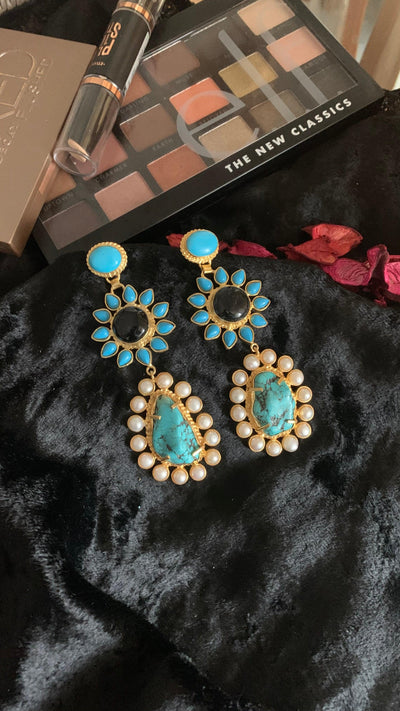 Turquoise and Pearls Danglers - SHIVKA