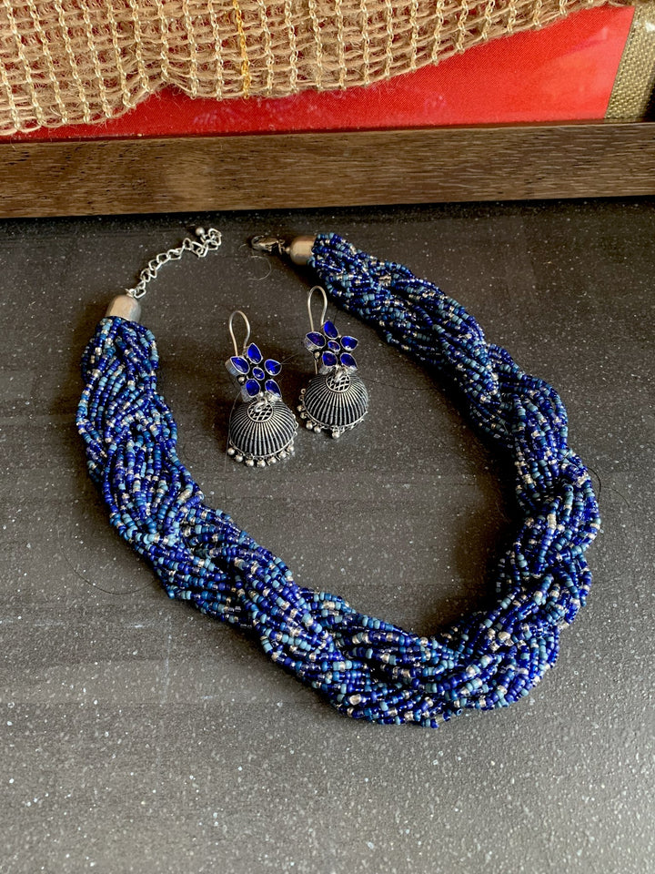 Blue Beaded Necklace with Antique Jhumkis