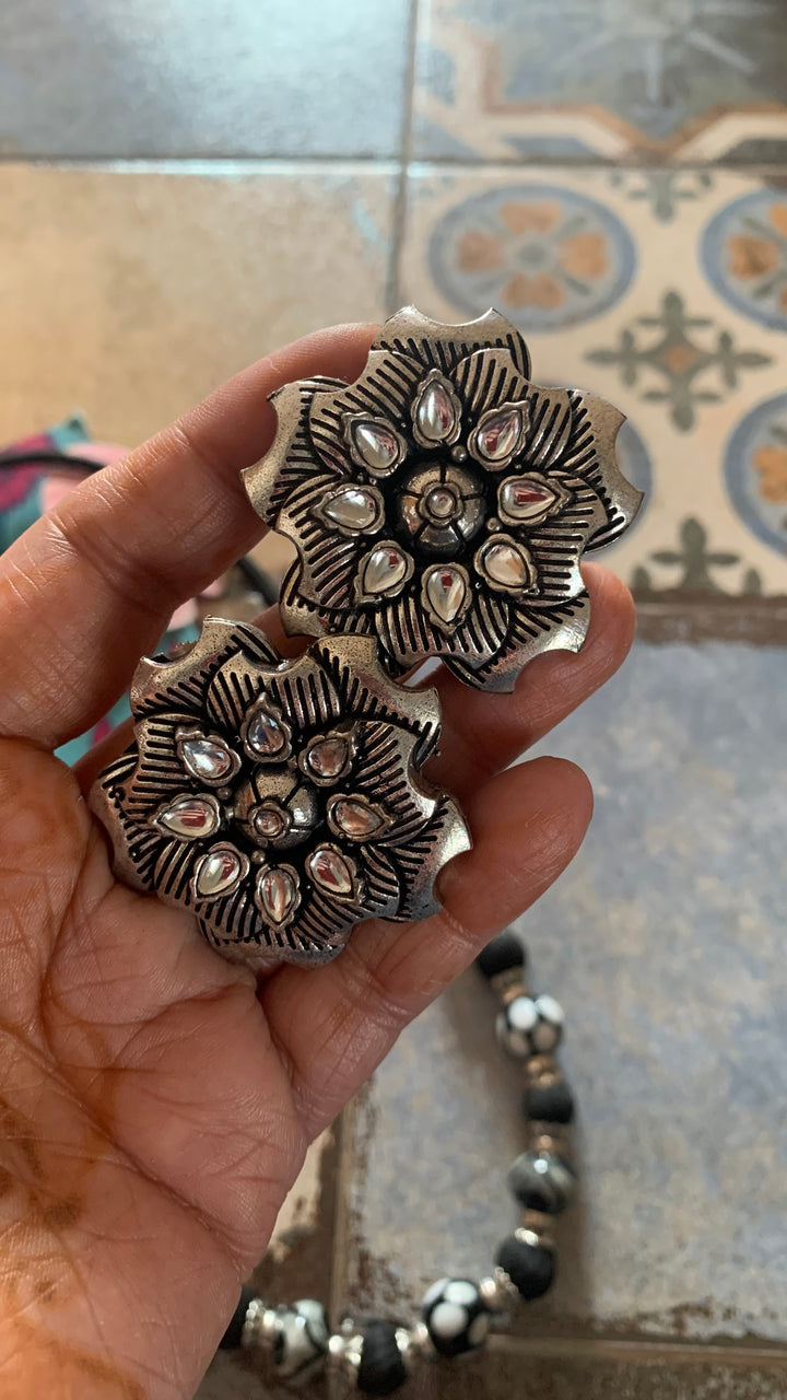 Black and Silver Beaded Necklace with Statement Studs