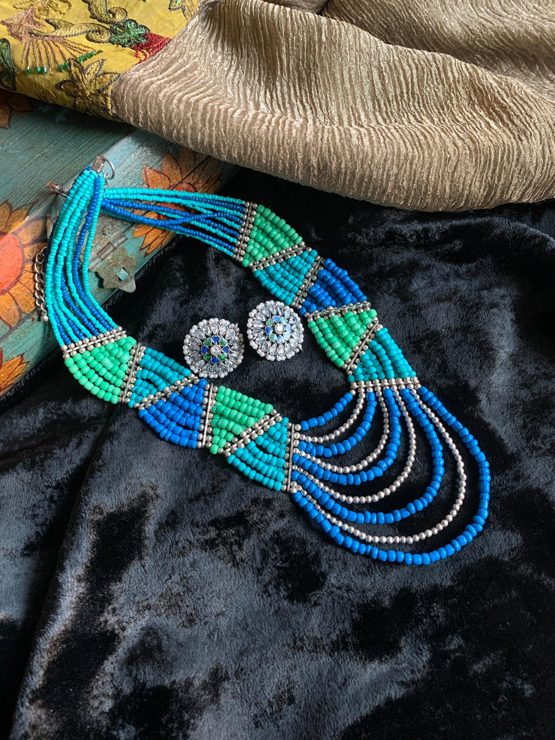 Statement Beaded Necklace with Enamelled Studs - SHIVKA