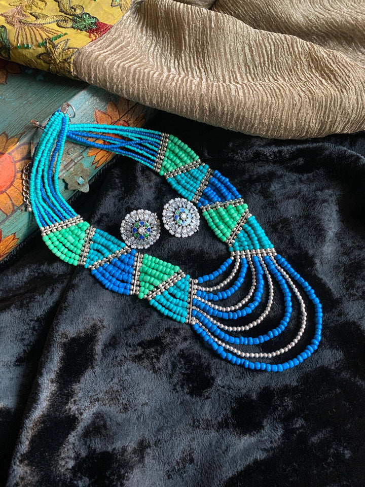 Statement Beaded Necklace with Enamelled Studs - SHIVKA