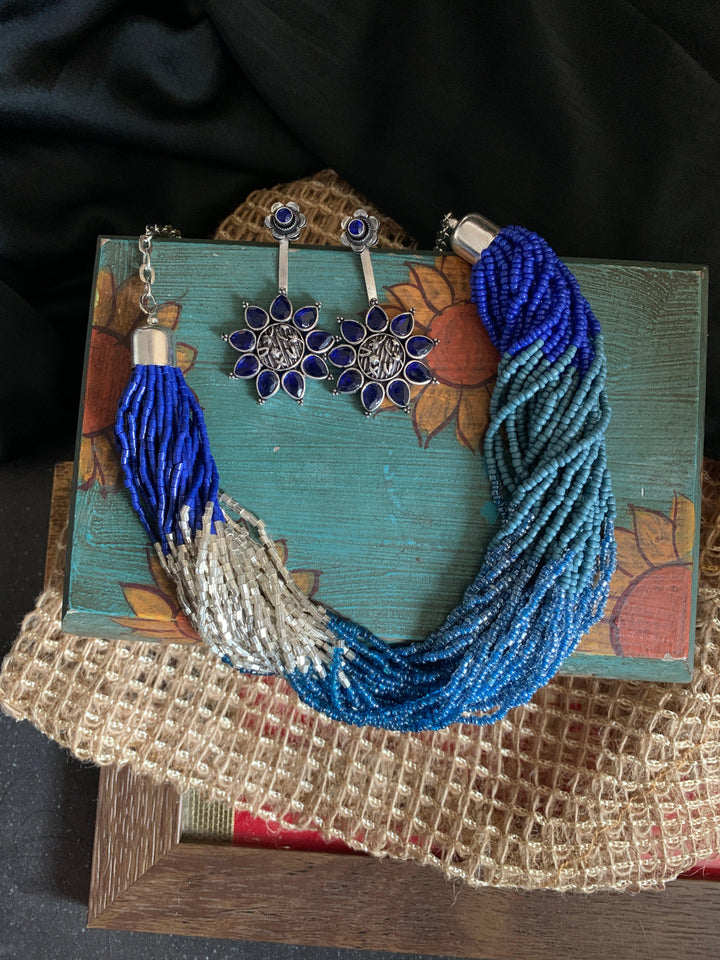 Shaded Blue and Silver Necklace with Statement Danglers - SHIVKA