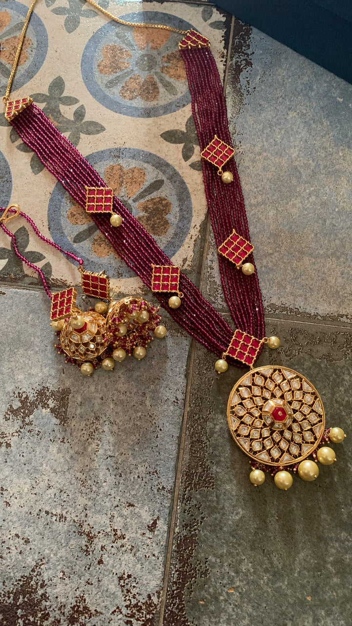 Kundan Pendant Ruby Necklace with Earrings - SHIVKA