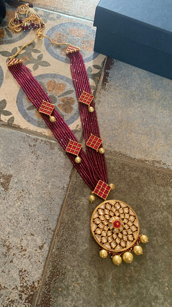 Kundan Pendant Ruby Necklace with Earrings - SHIVKA