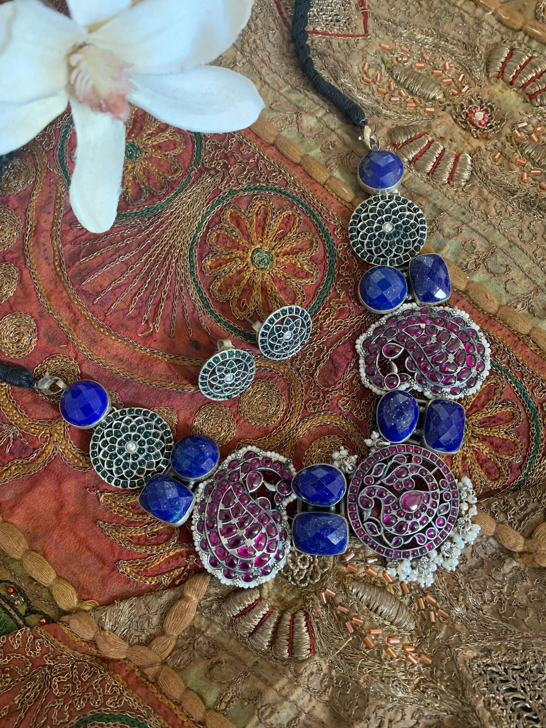 Pure 925 Silver Lapis Lazuli Kemp Necklace with Studs - SHIVKA