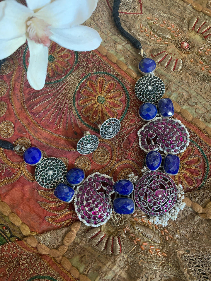 Pure 925 Silver Lapis Lazuli Kemp Necklace with Studs - SHIVKA