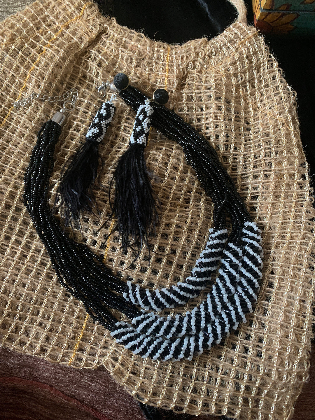 Black and White Beaded Necklace with Earrings