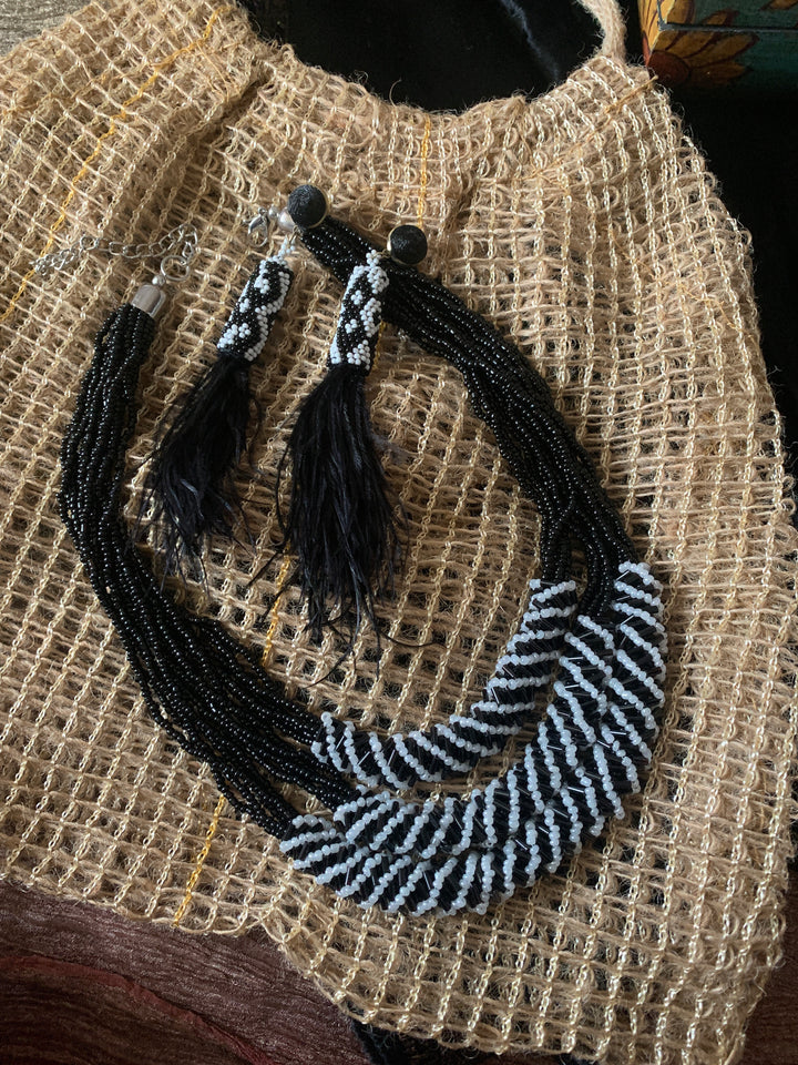 Black and White Beaded Necklace with Earrings