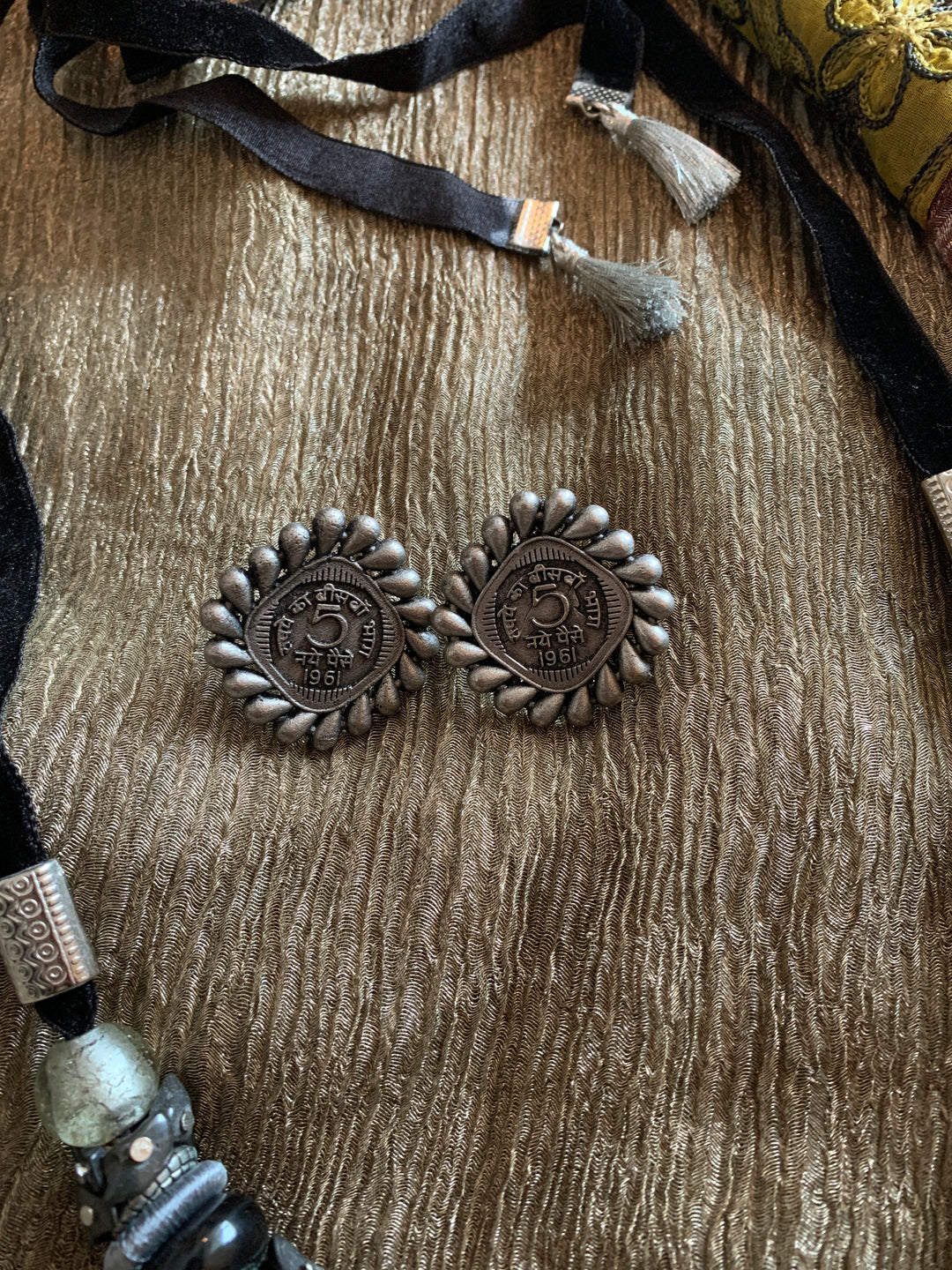 Black Silver Grey Combo Necklace with Antique Coin Studs
