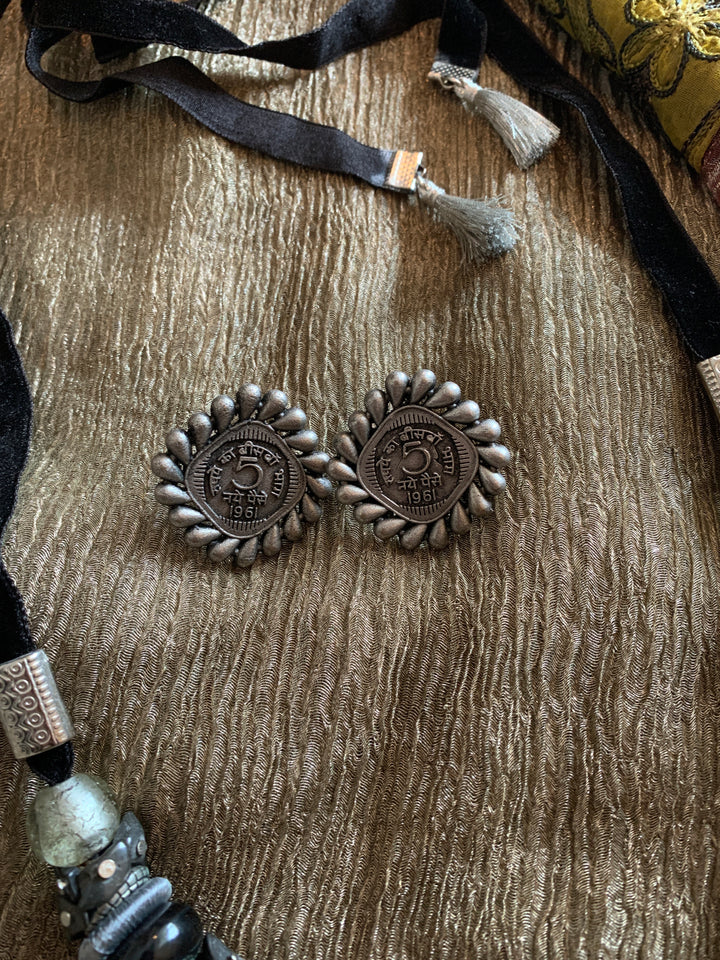 Black Silver Grey Combo Necklace with Antique Coin Studs