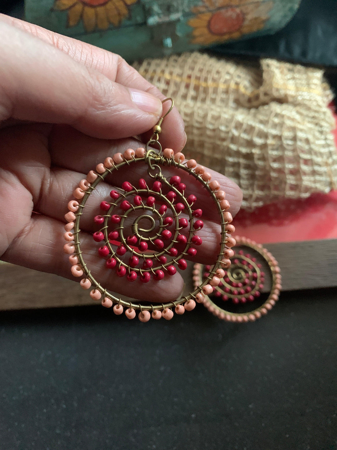 Pink and Red Beads Hoop Danglers - SHIVKA