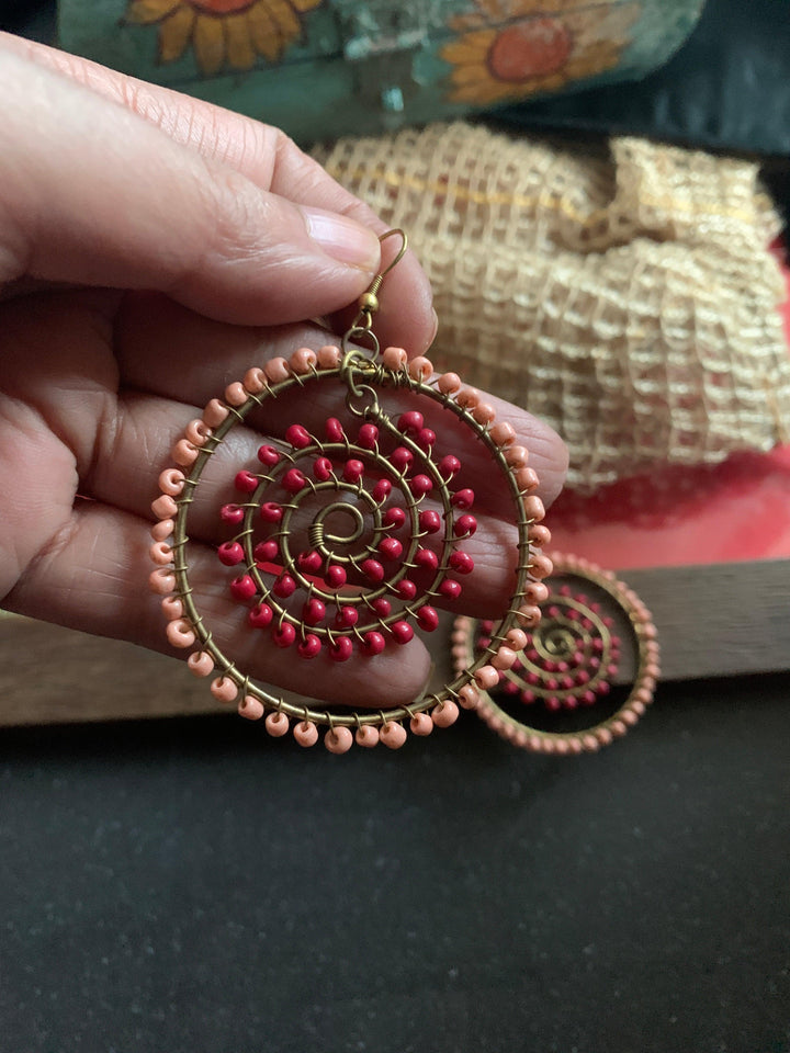 Pink and Red Beads Hoop Danglers - SHIVKA