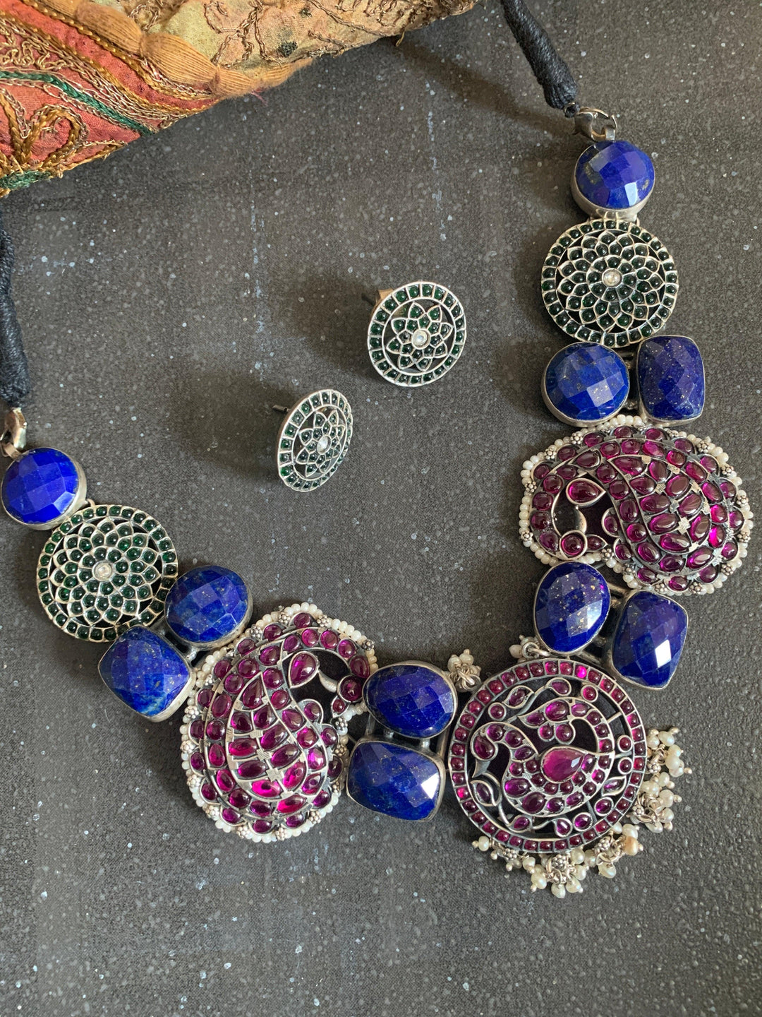 Pure 925 Silver Lapis Lazuli Kemp Necklace with Studs - SHIVKA