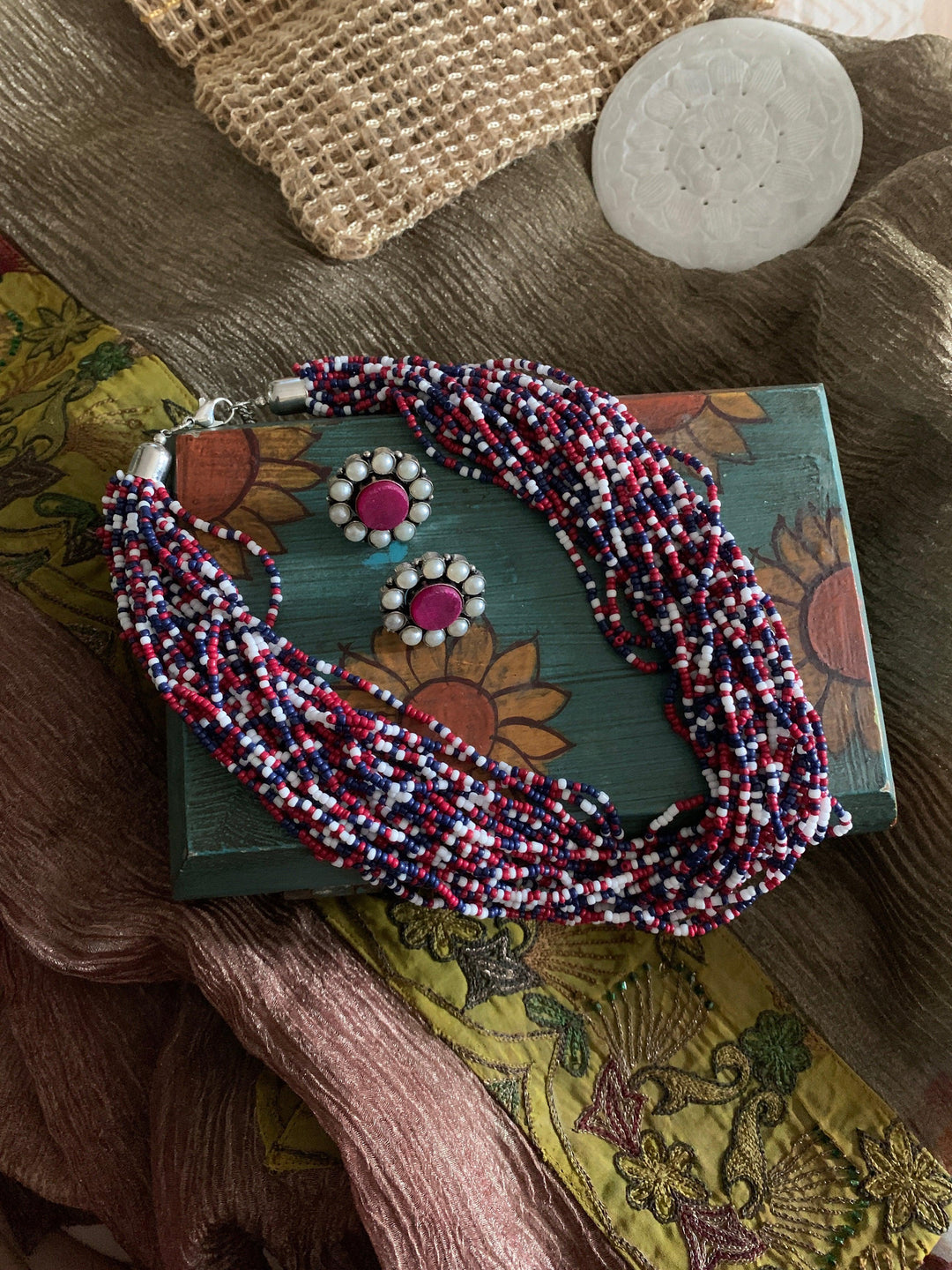 Statement Multicoloured Necklace with Gemstones Studs - SHIVKA