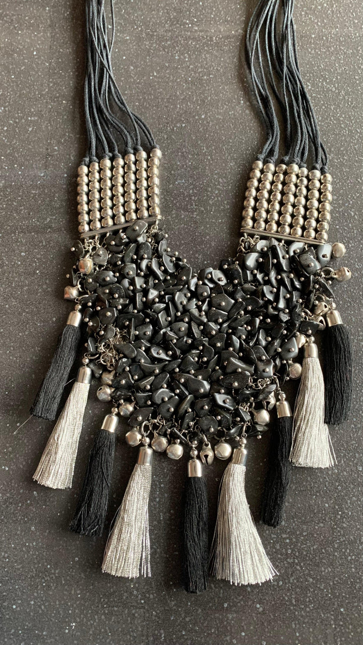 Silver and Black Designer beaded Necklace - SHIVKA