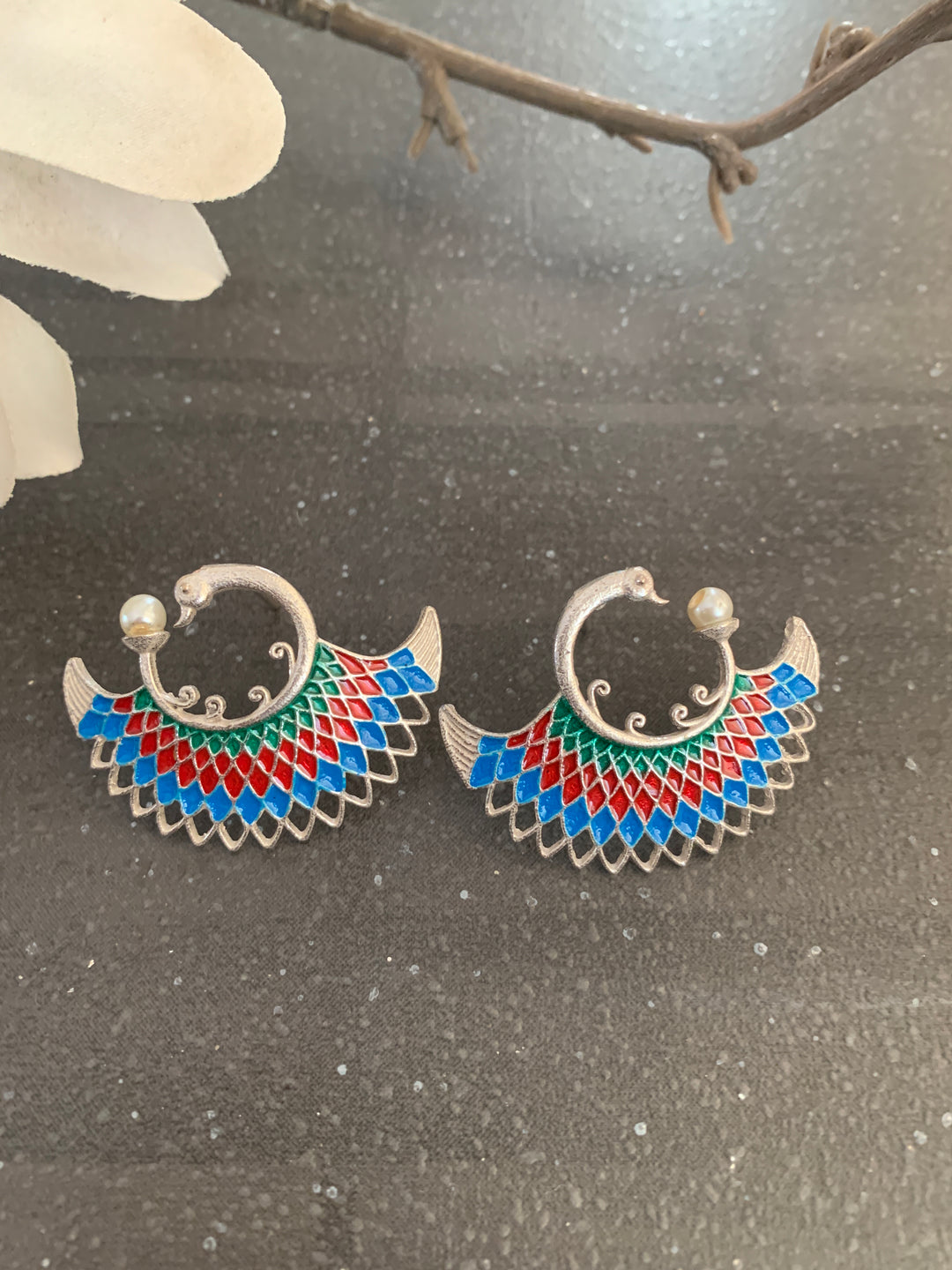 Enamelled Peacock Studs