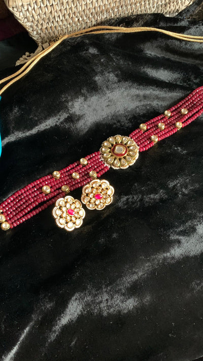 Ruby Kundan Flower Choker Necklace with Studs - SHIVKA