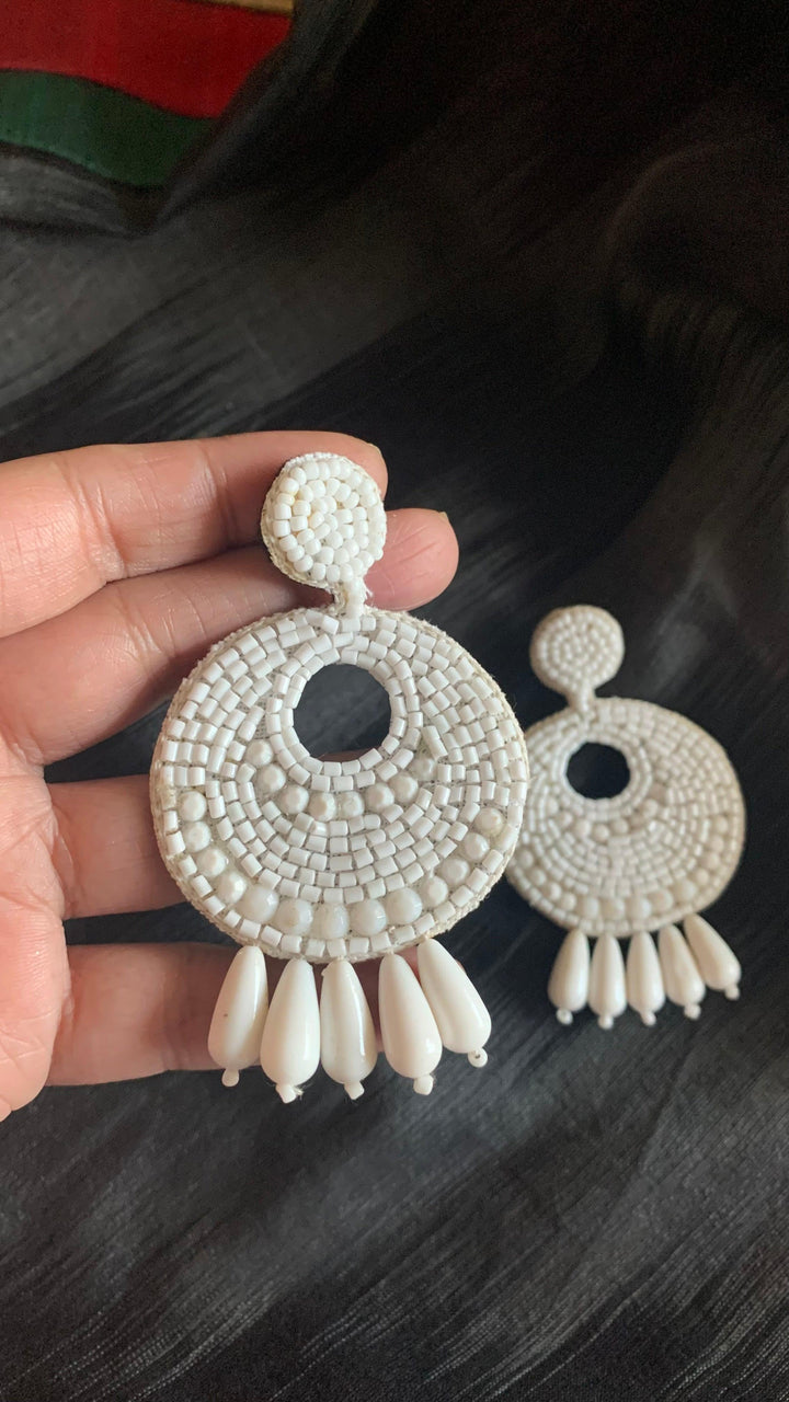 White Beaded Fabric Earrings - SHIVKA