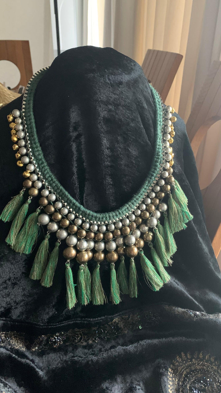 Green Thread Tassels Beads Necklace - SHIVKA