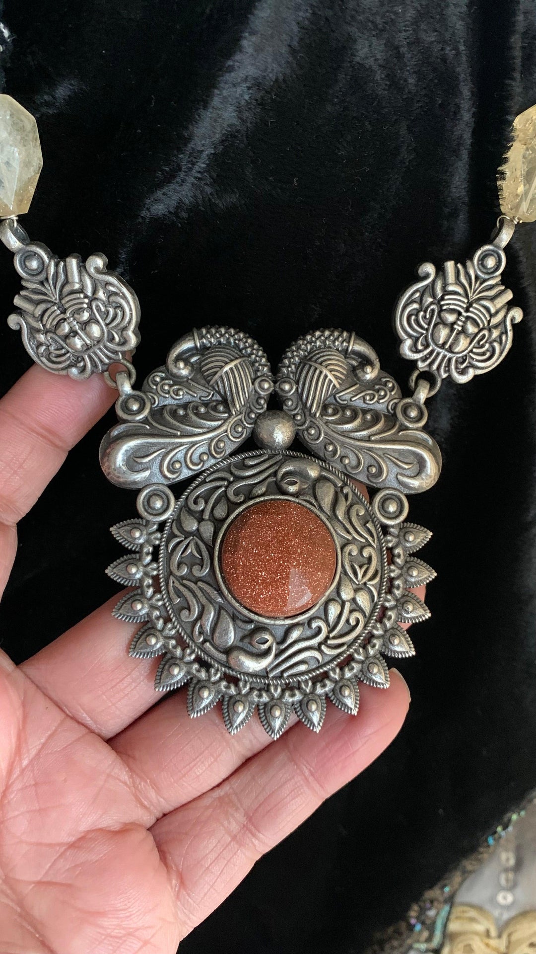 Vintage Carved Pendant Necklace with Studs - SHIVKA