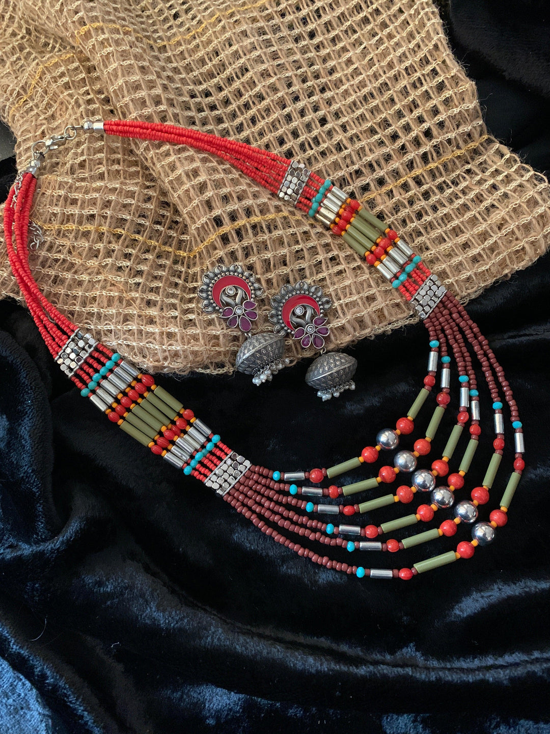 Trendy Coral Necklace with Enamelled Dome Jhumkas - SHIVKA