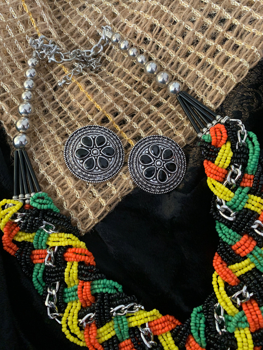 Multicoloured Beaded Necklace with Studs - SHIVKA