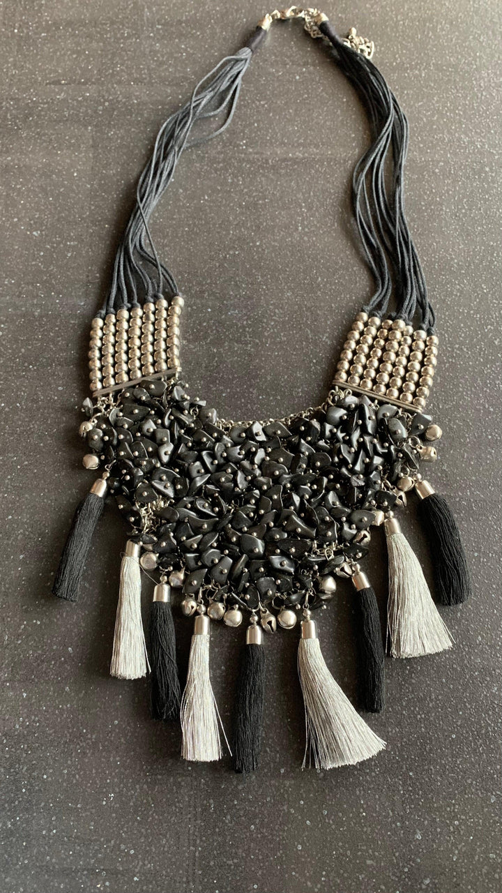 Silver and Black Designer beaded Necklace - SHIVKA