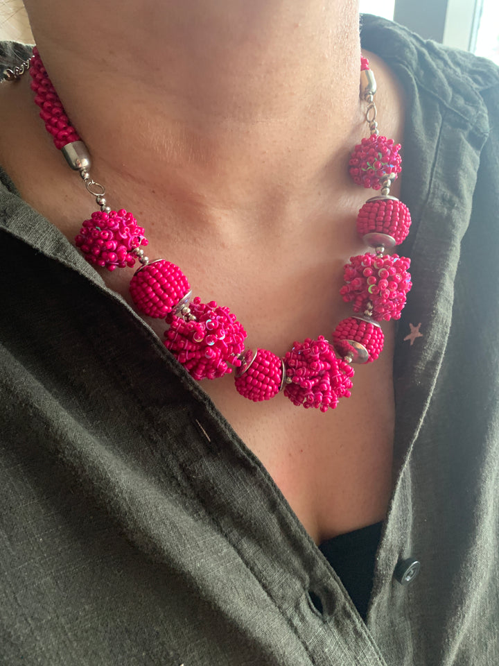Bright Pink Beaded Necklace