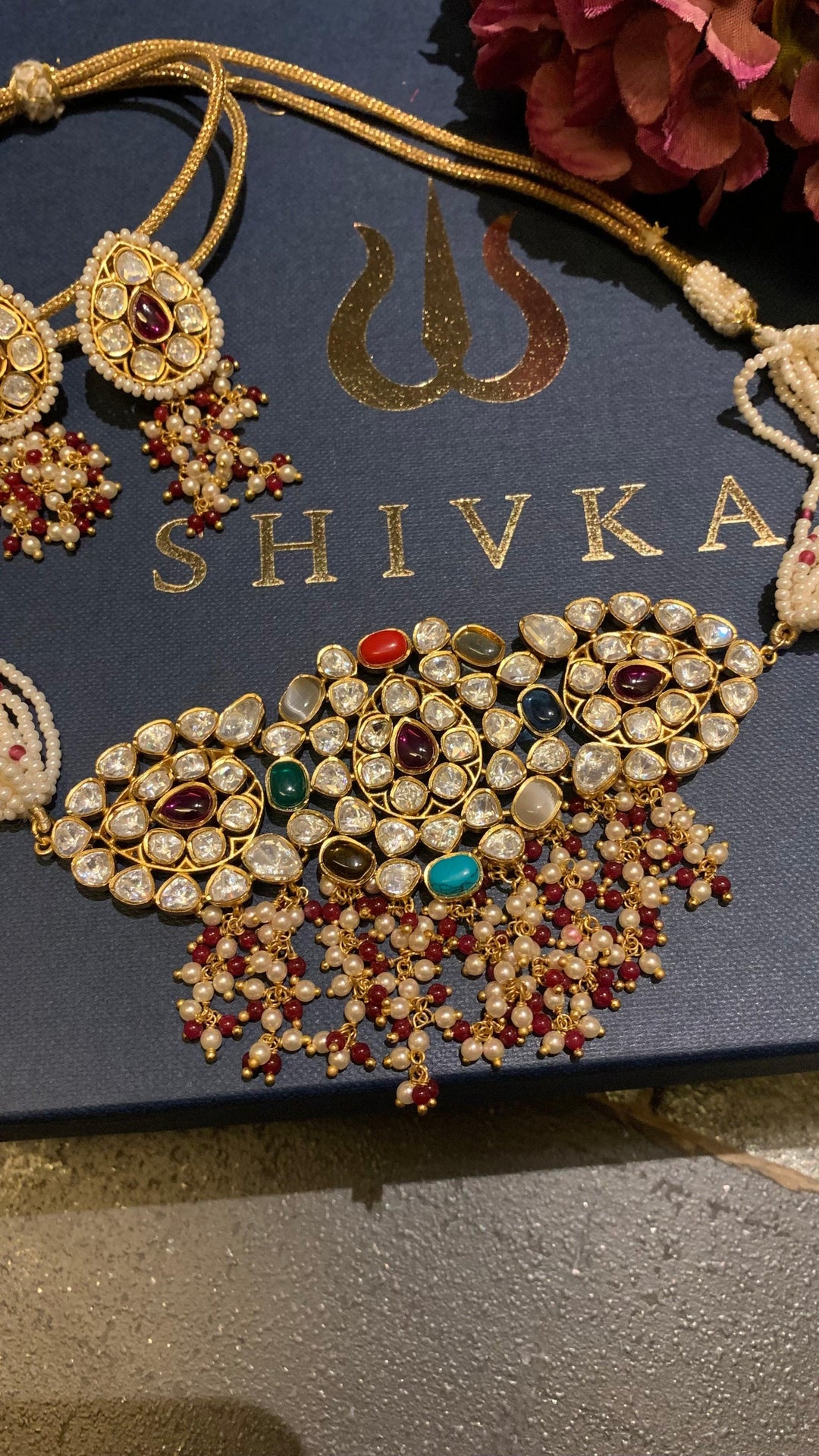 Scintillating Navratna Kundan Choker with Earrings - SHIVKA