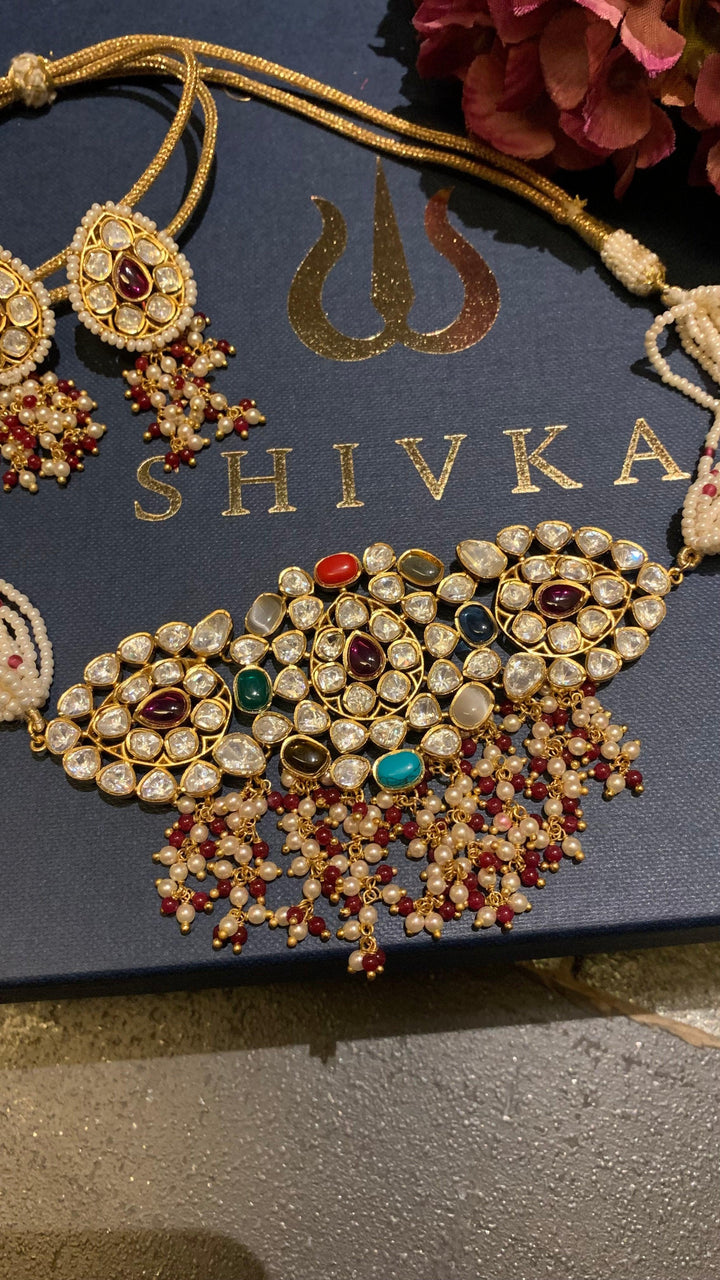 Scintillating Navratna Kundan Choker with Earrings - SHIVKA