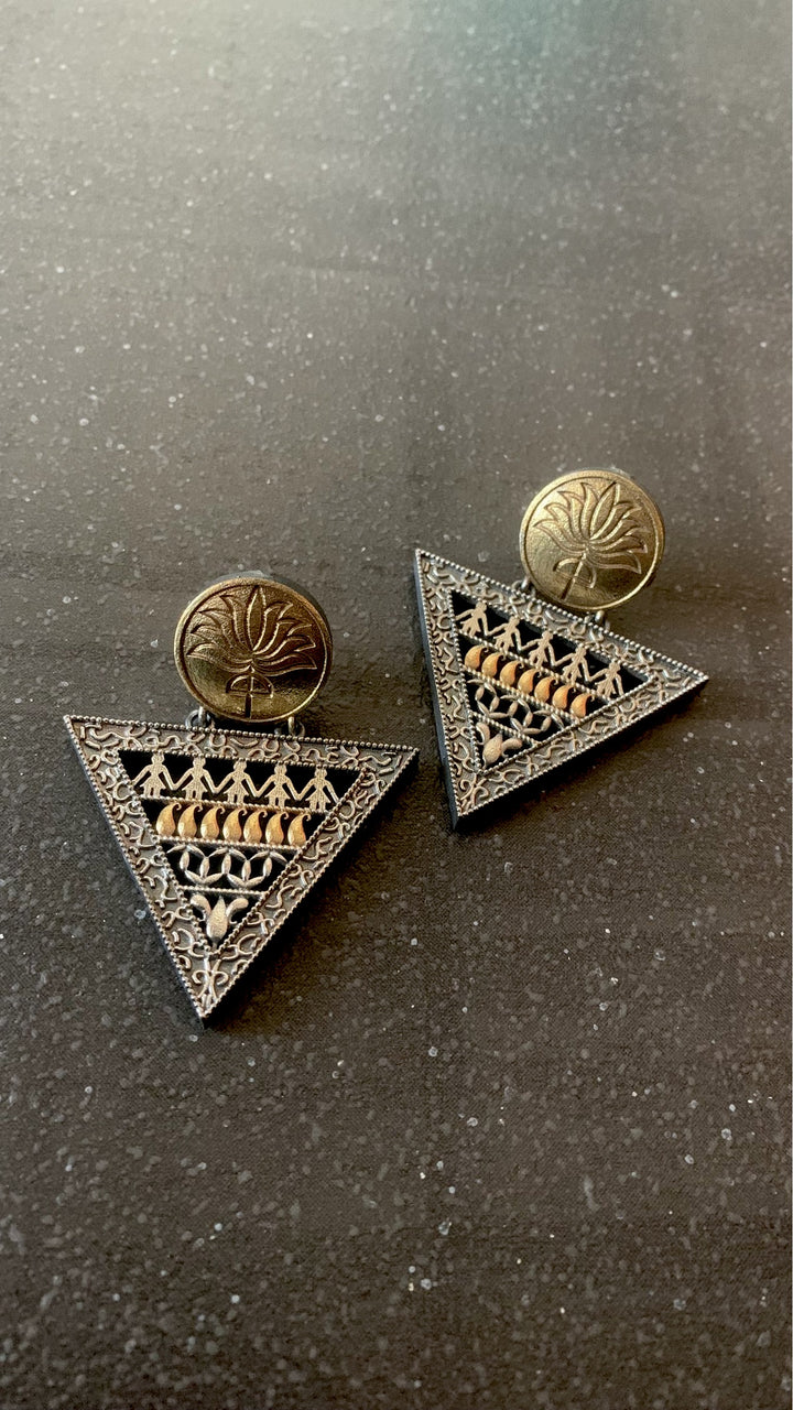 Dual Tone Lotus Triangular Earrings