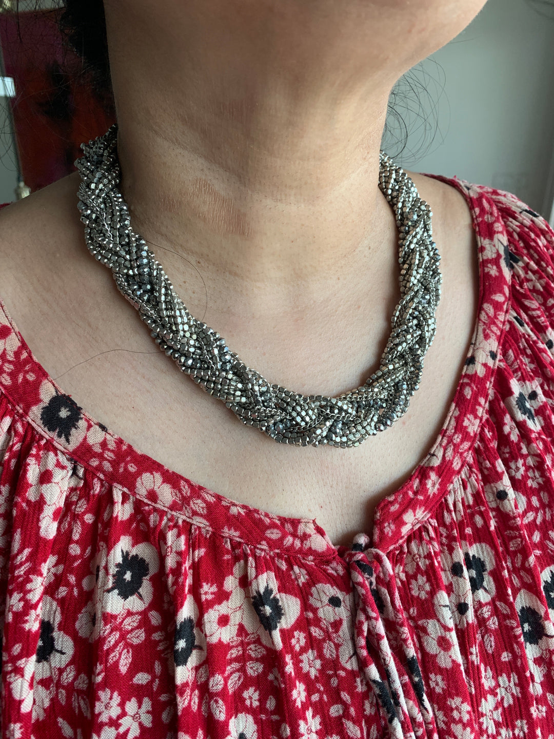 Criss Cross Silver Beaded Necklace