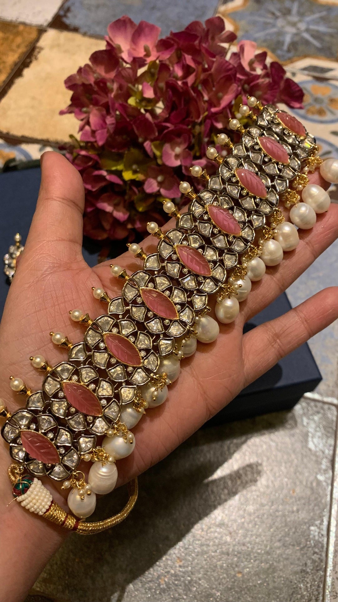 Scintillating Pink Kundan Choker with Earrings - SHIVKA