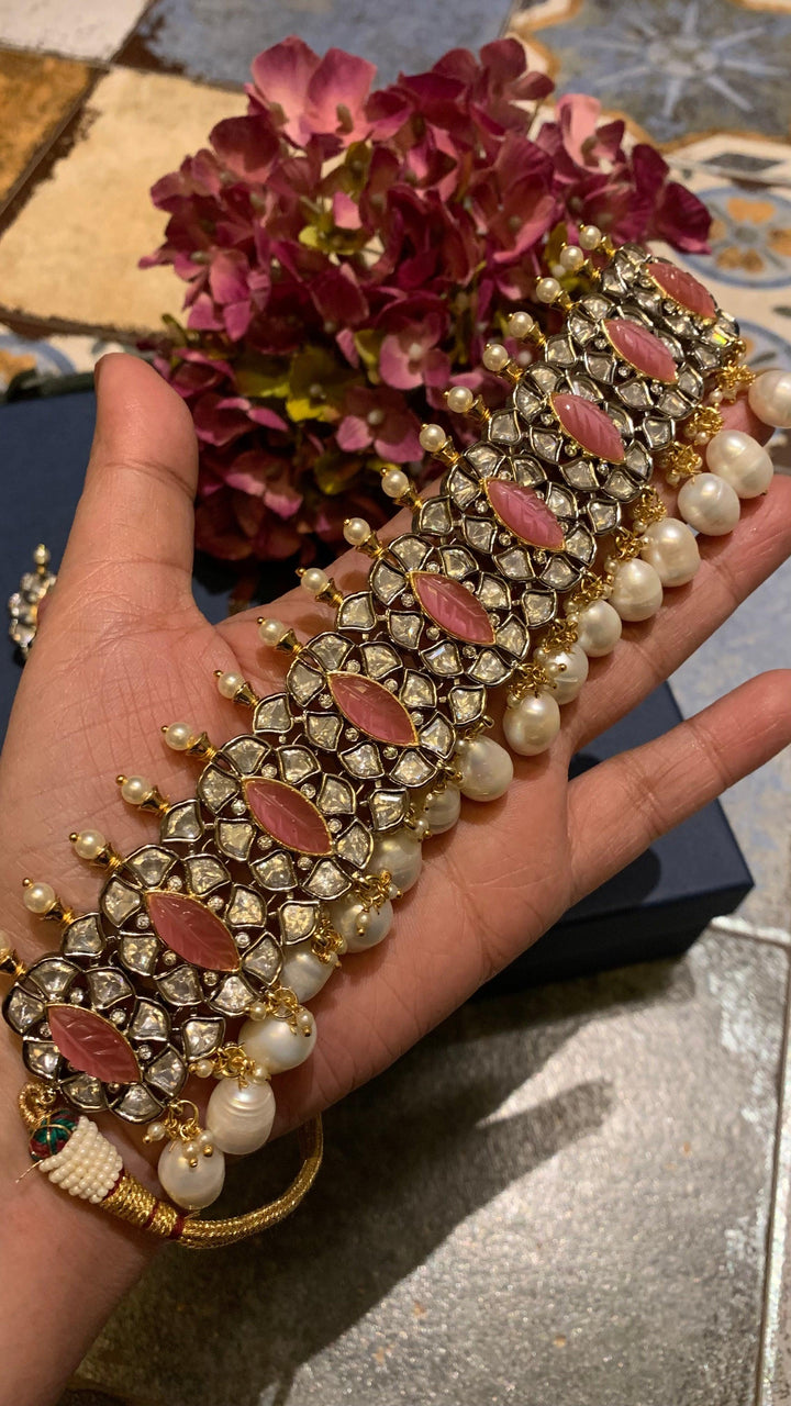 Scintillating Pink Kundan Choker with Earrings - SHIVKA