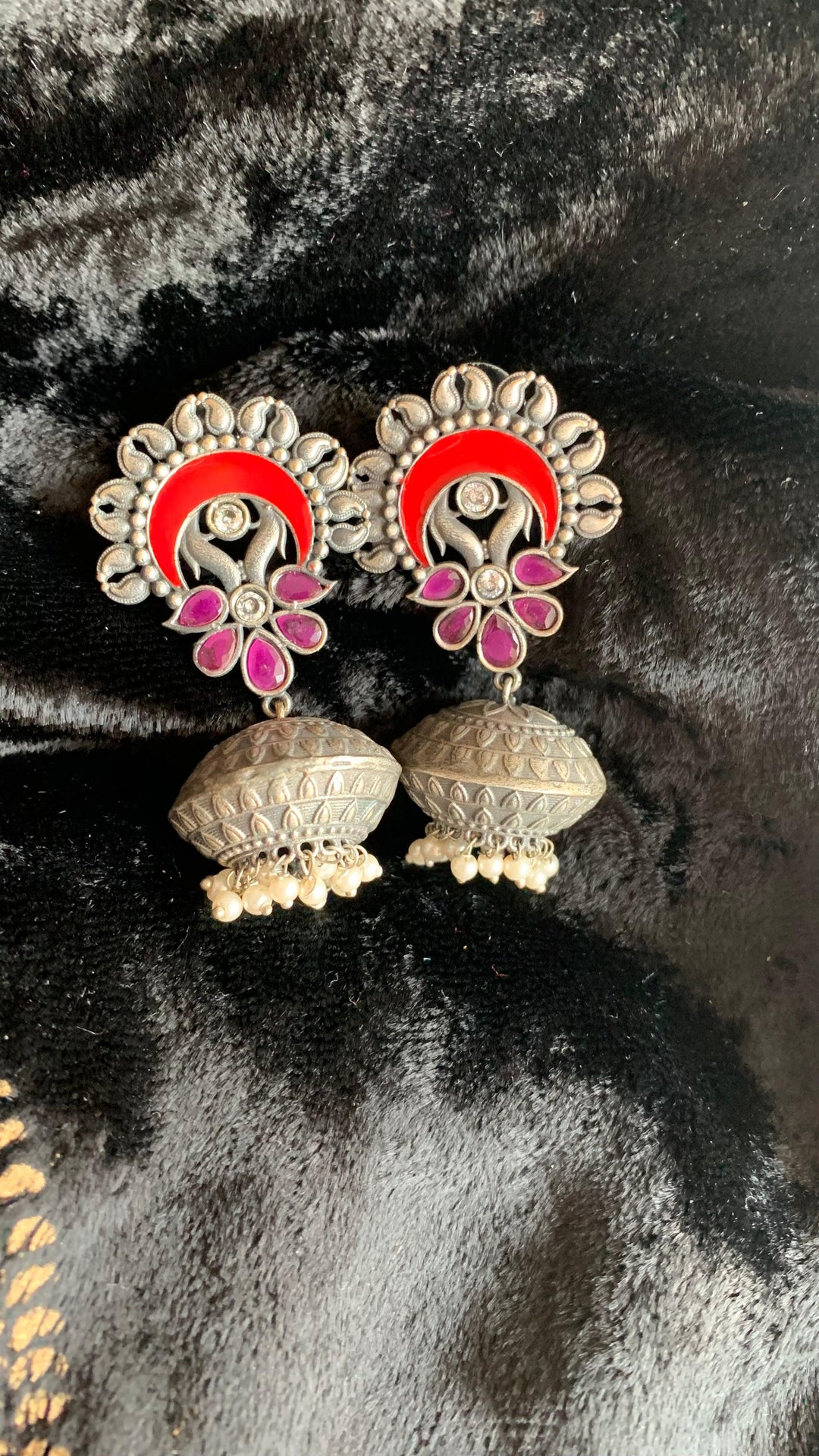 Trendy Coral Necklace with Enamelled Dome Jhumkas - SHIVKA