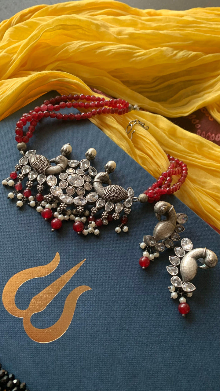 Statement Zirconia Short Necklace with Peacock Studs - SHIVKA