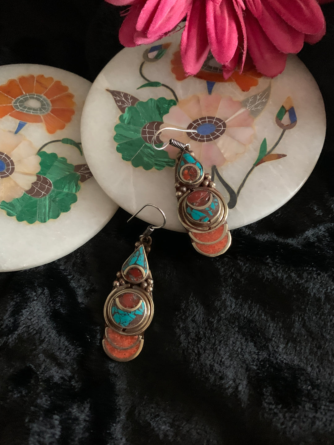 Antique Coral and Turquoise Earrings