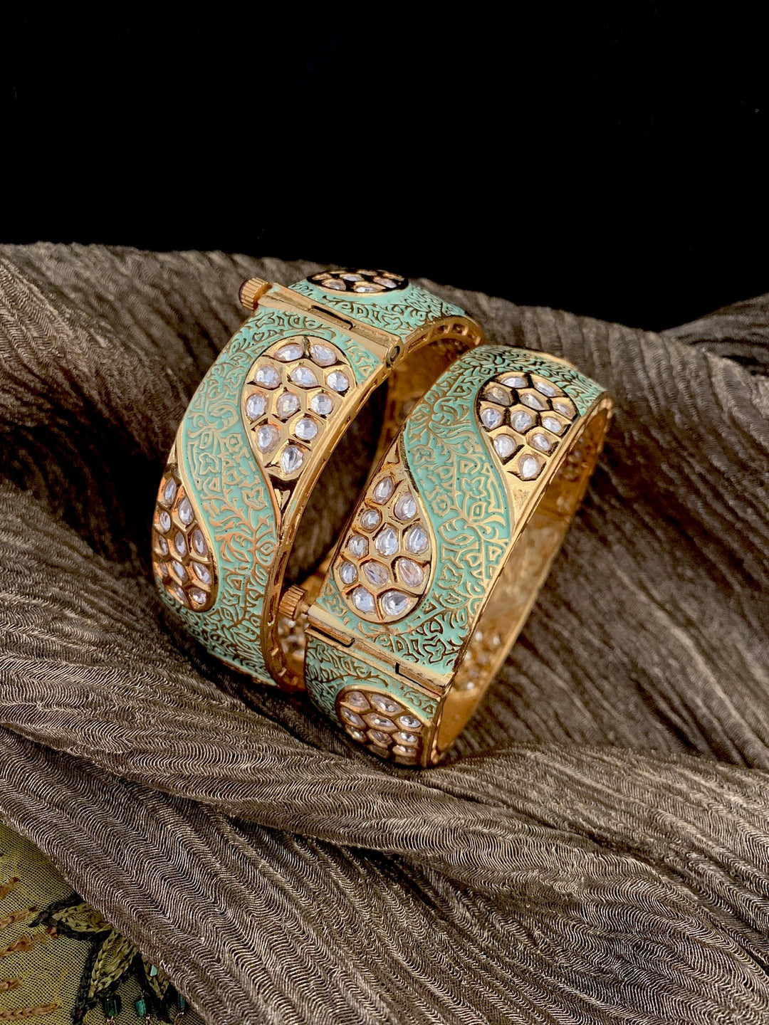 Elegant Mint Kundan Kadas- Set of 2