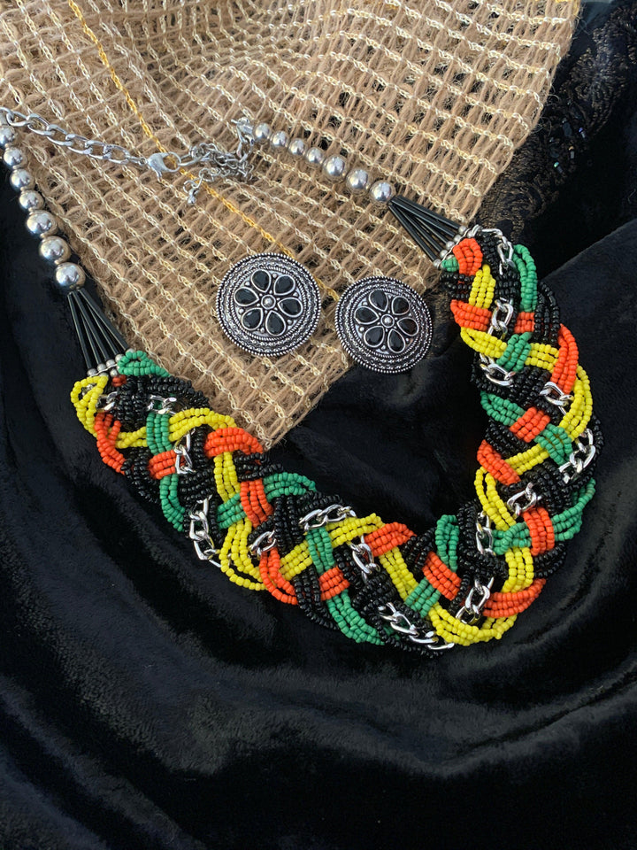 Multicoloured Beaded Necklace with Studs - SHIVKA