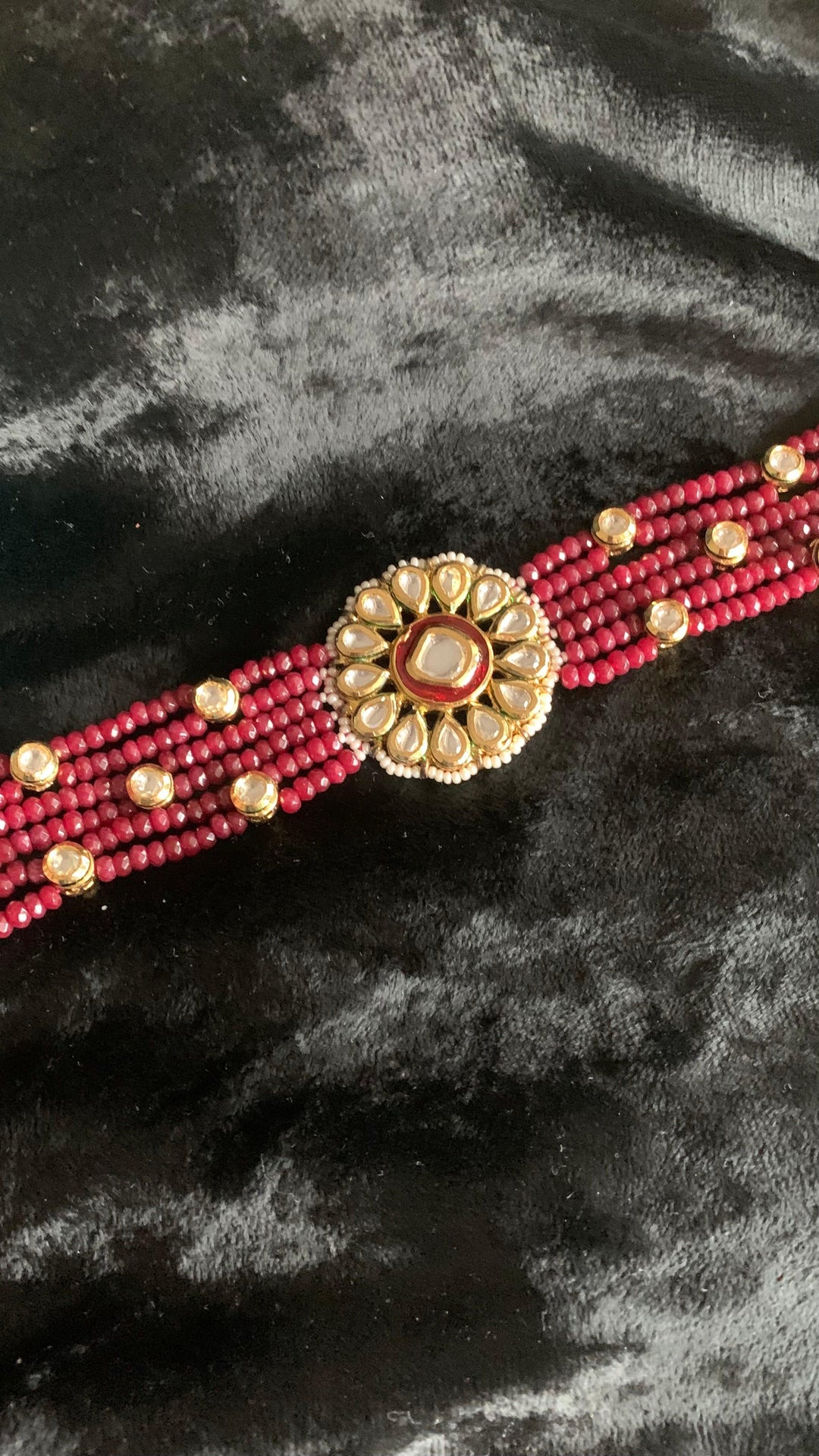 Ruby Kundan Flower Choker Necklace with Studs - SHIVKA