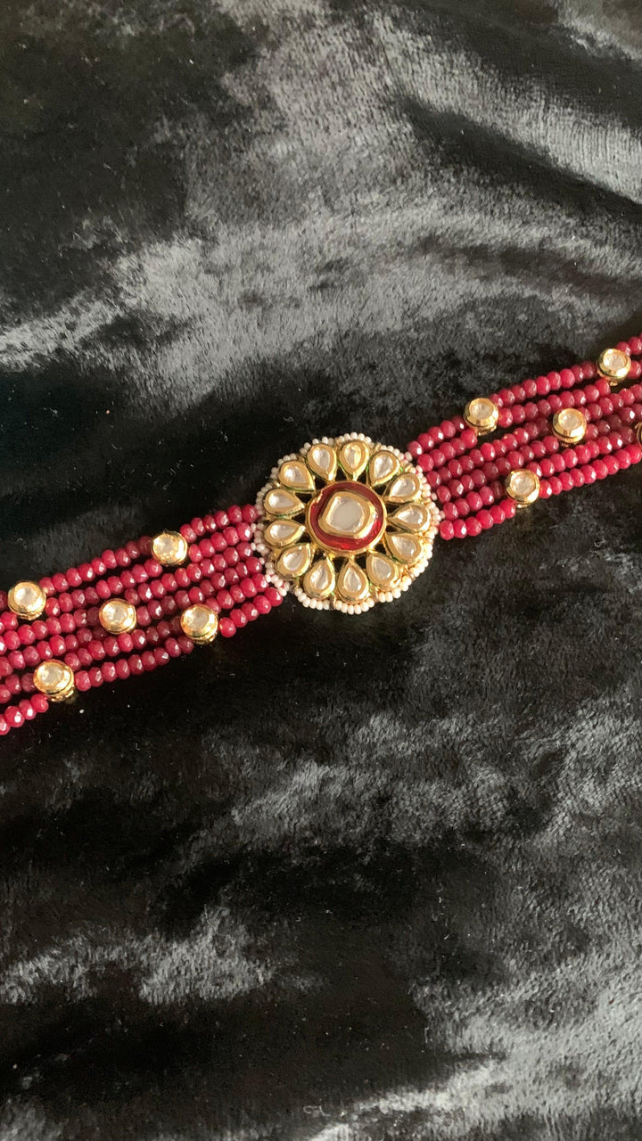 Ruby Kundan Flower Choker Necklace with Studs - SHIVKA