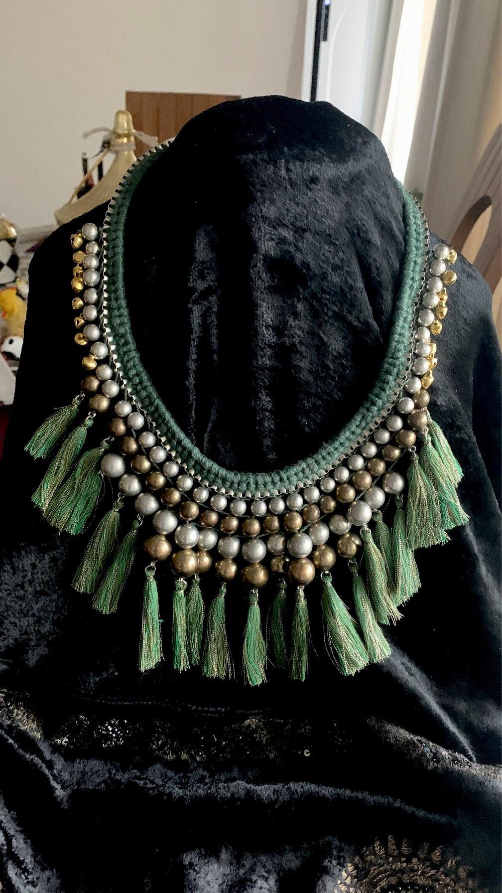 Green Thread Tassels Beads Necklace - SHIVKA