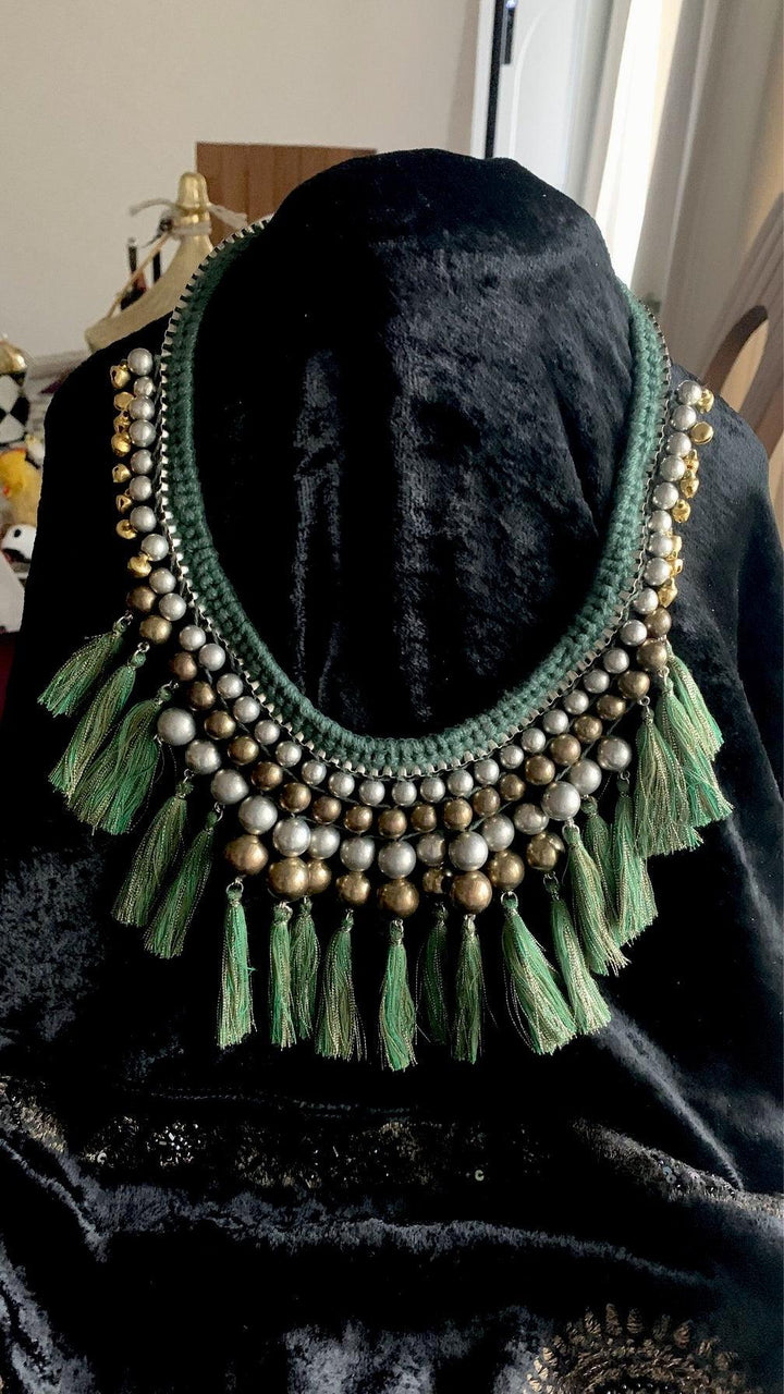 Green Thread Tassels Beads Necklace - SHIVKA