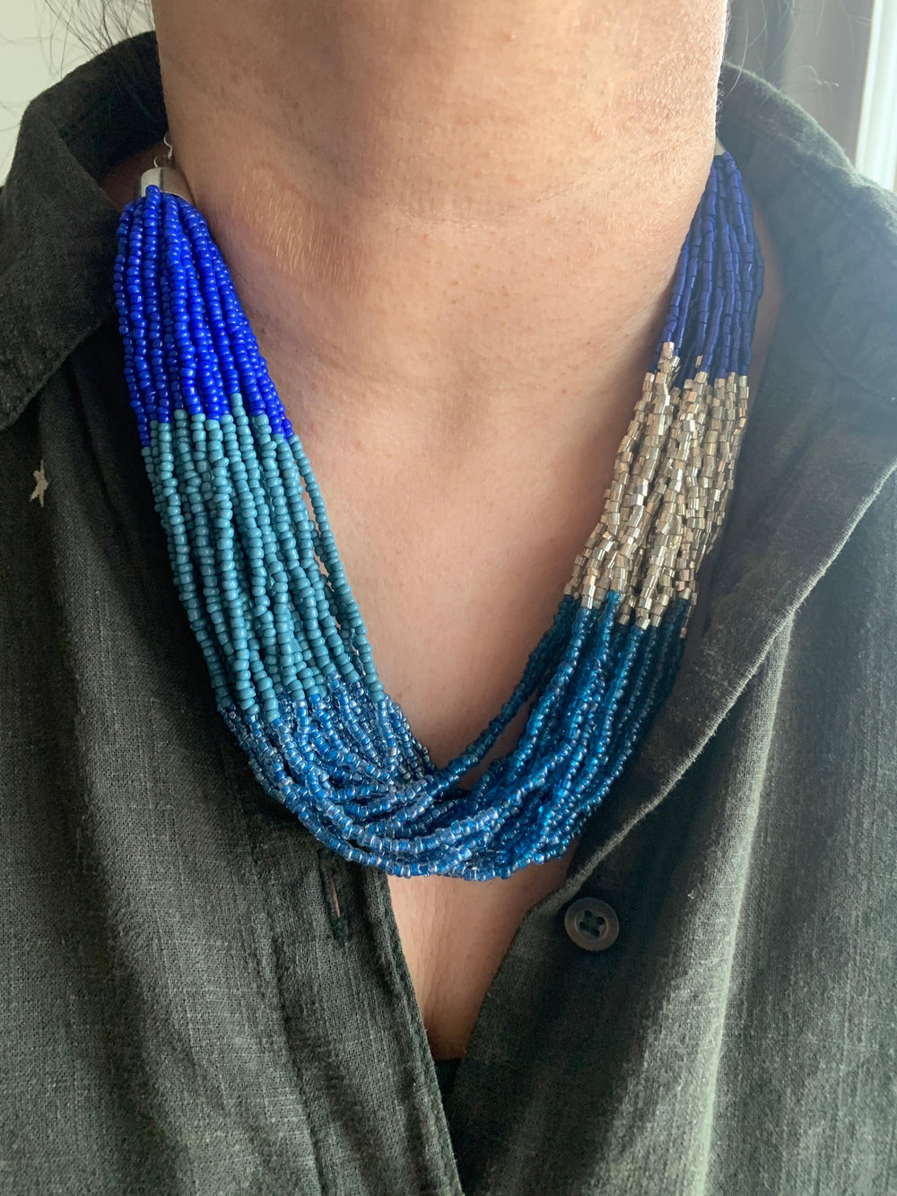 Shaded Blue and Silver Necklace with Statement Danglers - SHIVKA