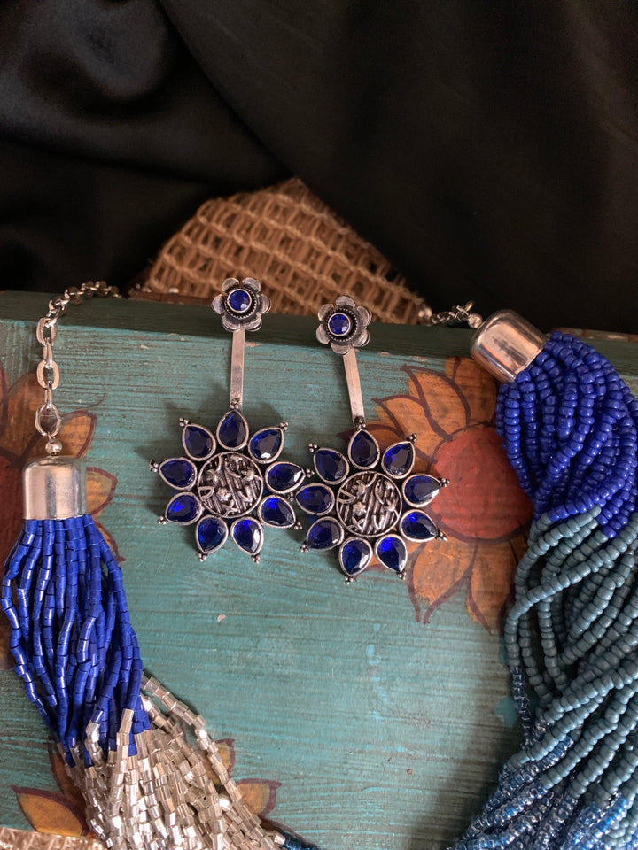 Shaded Blue and Silver Necklace with Statement Danglers - SHIVKA