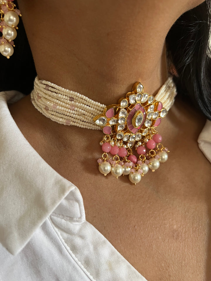 Pink Pearls Choker with Statement Earrings