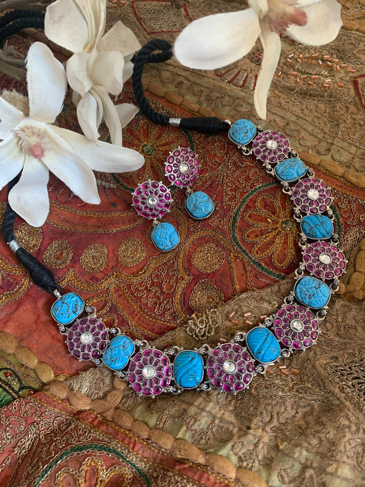 Pure 925 Silver Turquoise Kemp Necklace with Earrings - SHIVKA