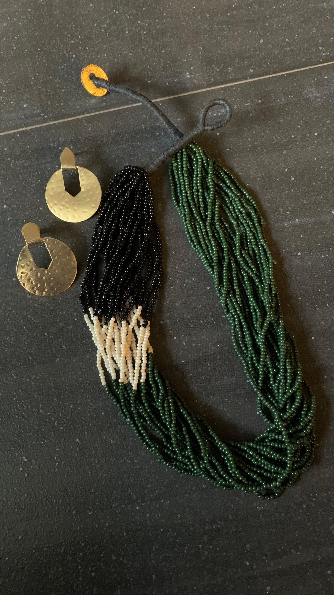 Stylish Green and Black Beaded Necklace with Statement Disc Studs - SHIVKA