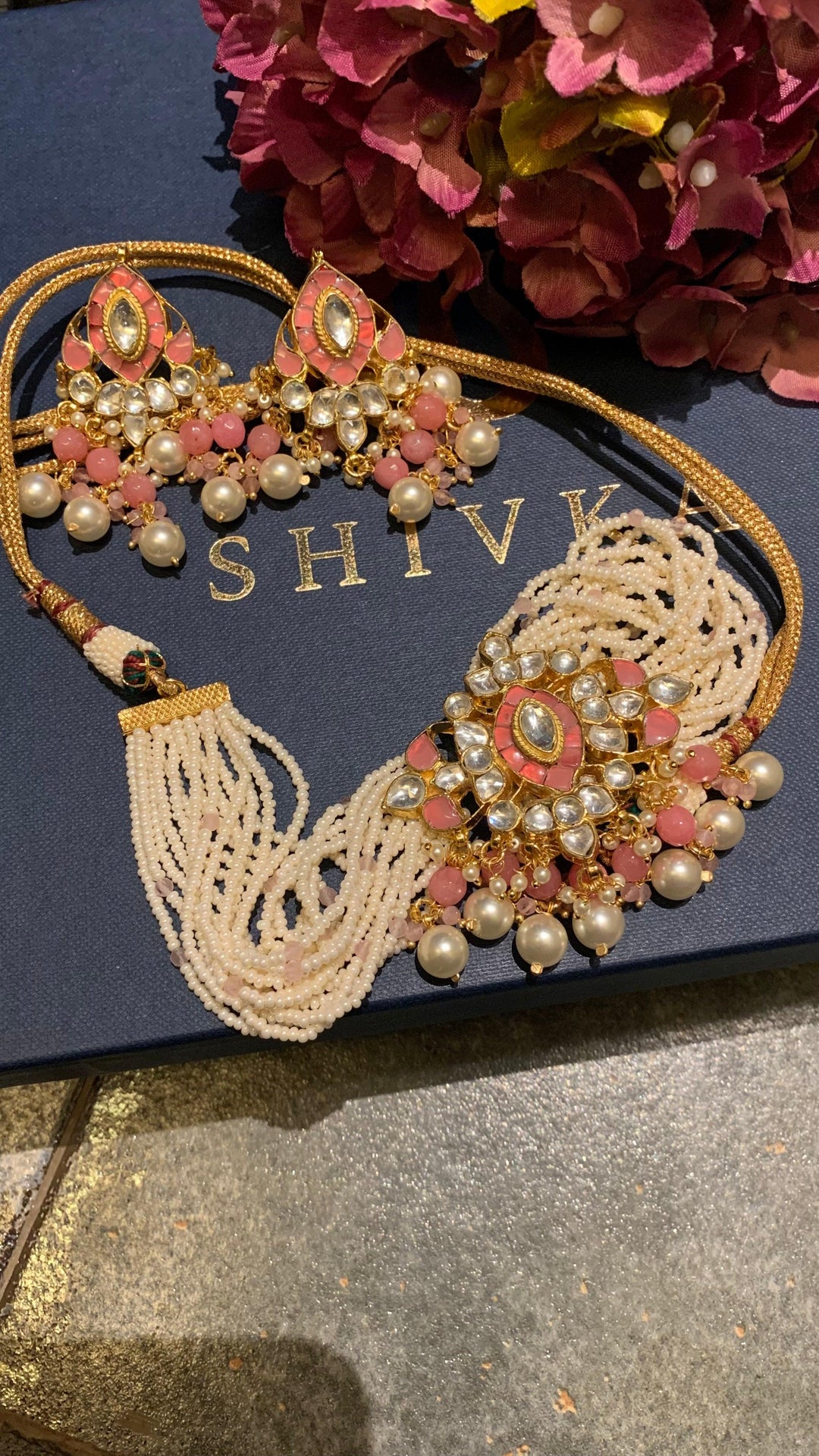 Pink Pearls Choker with Statement Earrings - SHIVKA